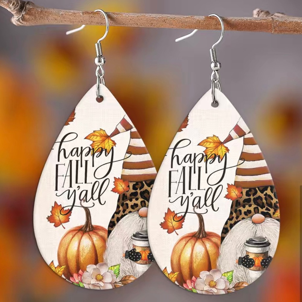 1 Pair Of “Happy Fall Y’all” Faux Leather Lightweight Teardrop Women's Earrings